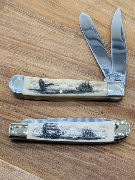 Bone Scrimshaw Double Blade Pocket knife