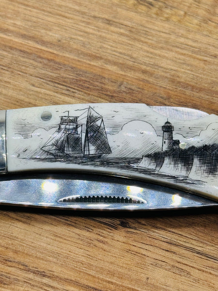 Bone Scrimshaw Lock Back Pocket knife