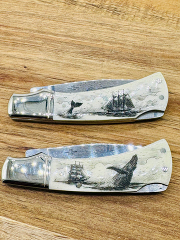 Bone Scrimshaw Lock Back Pocket knife