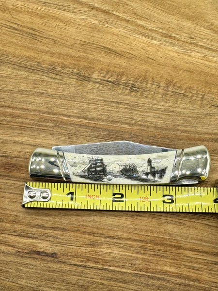 Bone Scrimshaw Lock Back Pocket knife