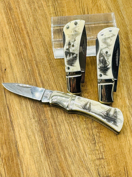 Small Bone Scrimshaw Lock Back Pocket knife