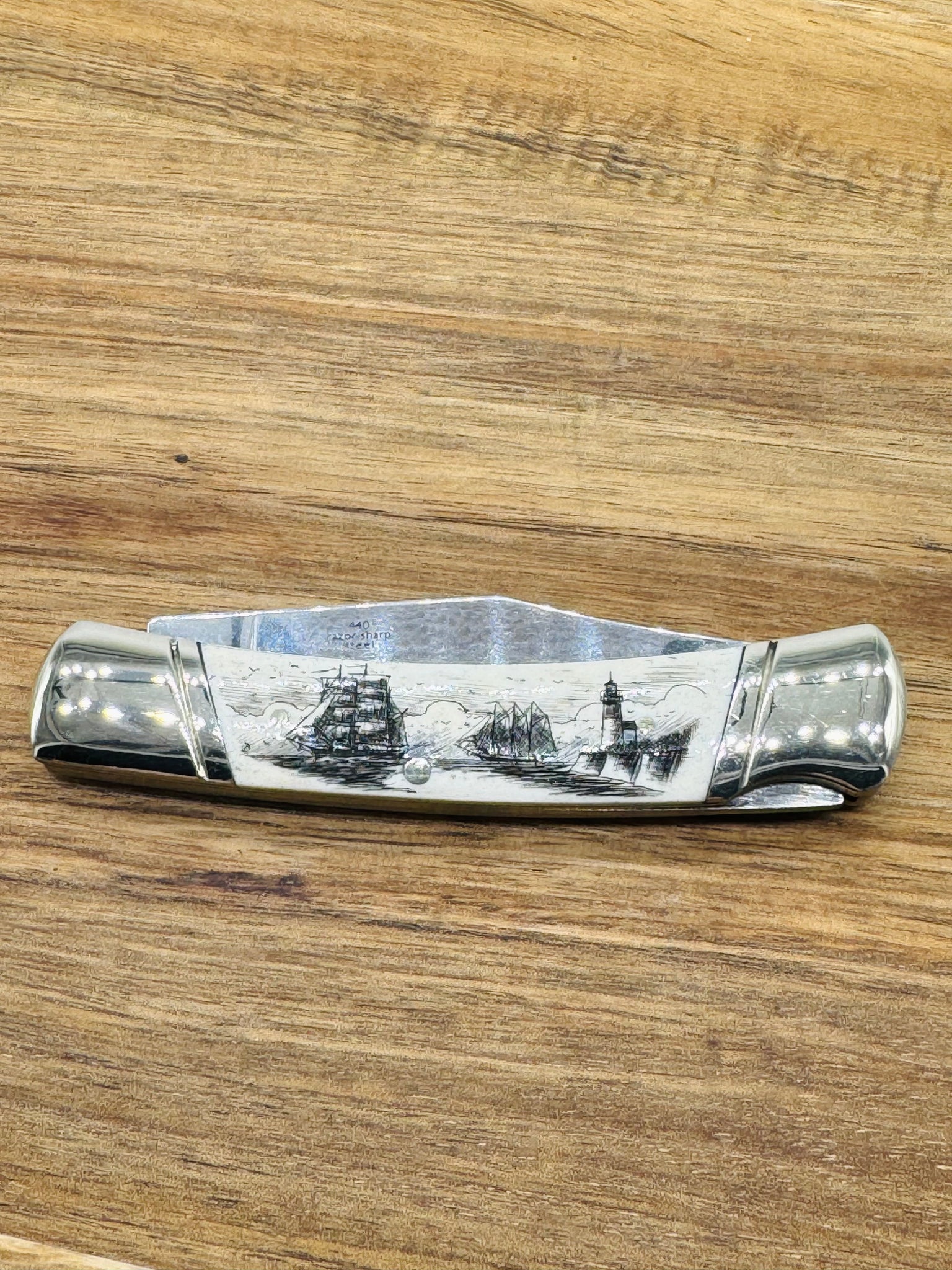 Bone Scrimshaw Lock Back Pocket knife