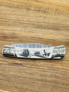 Bone Scrimshaw Lock Back Pocket knife