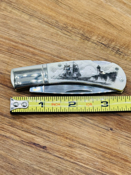 Bone Scrimshaw Lock Back Pocket knife