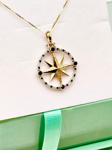 Pave Diamond and 2.7 Sapphire 14k gold Compass Rose pendant