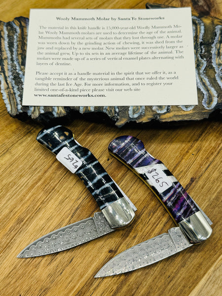 Damascus Steel Mammoth Tooth Pocket Knife (Double Sided)