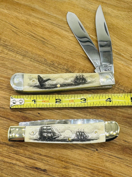 Bone Scrimshaw Double Blade Pocket knife