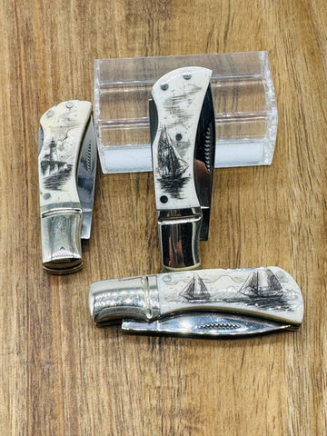 Small Bone Scrimshaw Lock Back Pocket knife