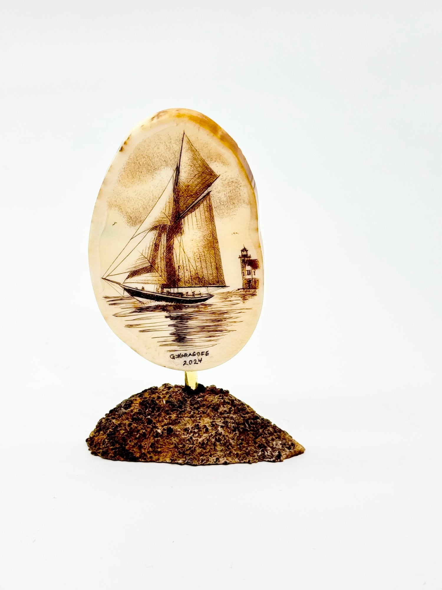 Scrimshaw Sailboat with Round Island