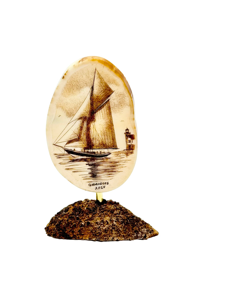 Scrimshaw Sailboat with Round Island
