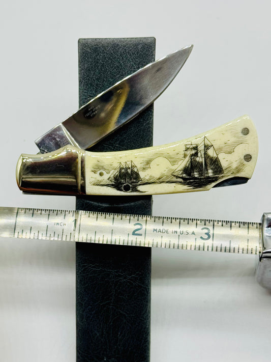 Ox bone Scrimshaw Lock Back Knife