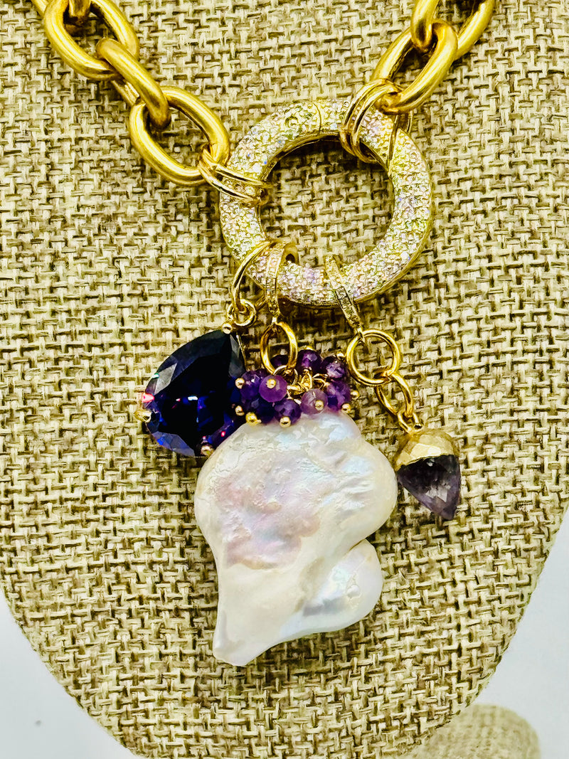 Gold-filled,Barque Pearl, Amethyst and Quartz Neckace