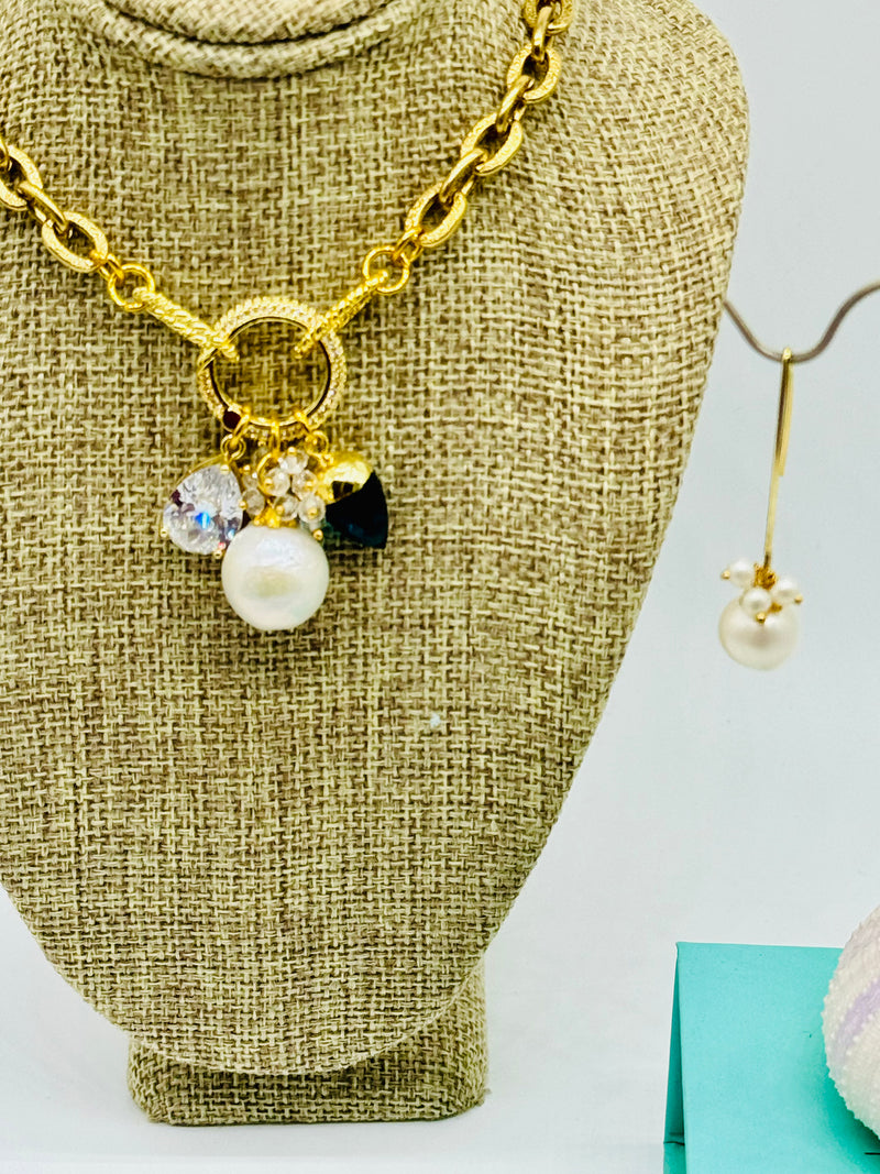 Gold-filled,Barque Pearl, Amethyst and Quartz neckace