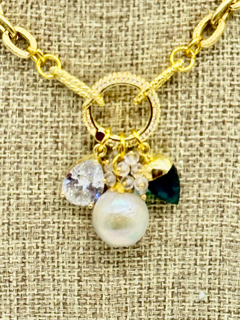 Gold-filled,Barque Pearl, Amethyst and Quartz neckace