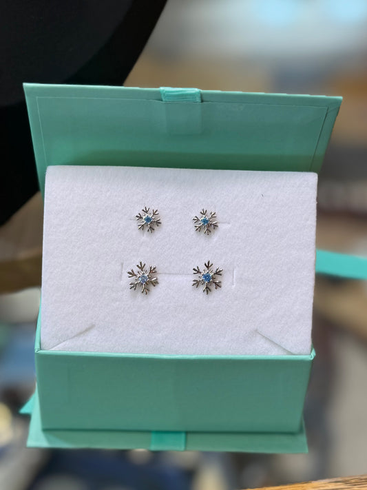 Blue Stone Snowflake Stud Earrings in 925 Sterling Silver