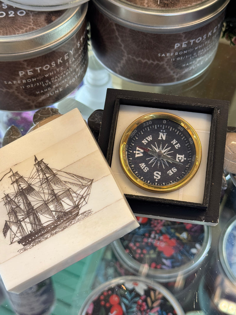 OX Bone Scrimshaw Compass Box