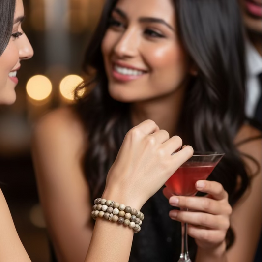 Petoskey Stone, Sterling Silver Crystal bead Bracelet