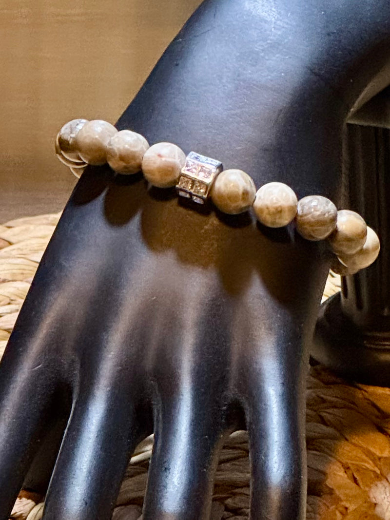Petoskey Stone, Sterling Silver Crystal bead Bracelet
