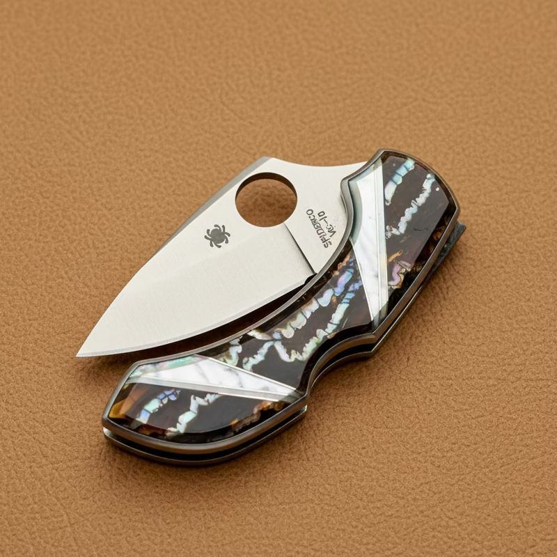 Mammoth Tooth Natural Brown, Mother of Pearl, Syderco Dragonfly pocket knife