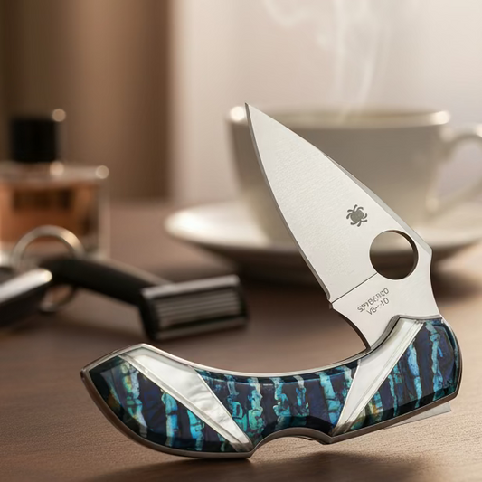 Mammoth Tooth Blue, Mother of Pearl, Syderco Dragonfly pocket knife