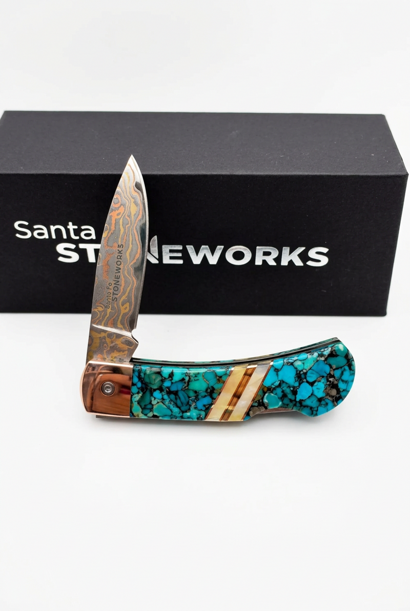 3" Lockback Copper &amp; Brass Wave Damascus Pocket knife