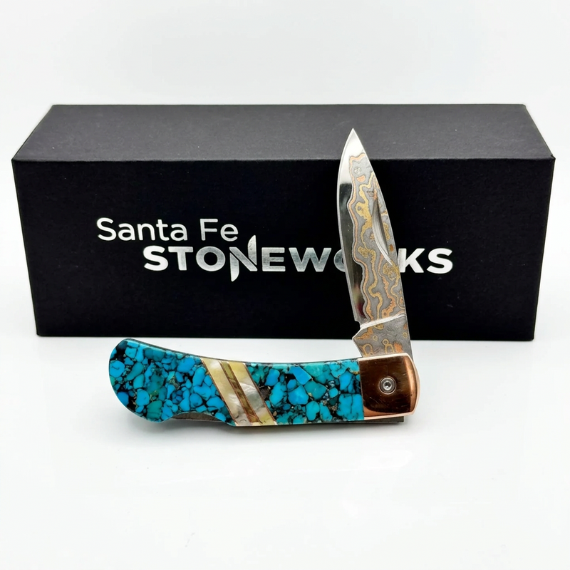 3" Lockback Copper &amp; Brass Wave Damascus Pocket knife