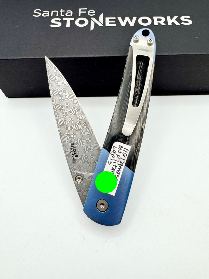 4" Liner Lock 110-Layer Stainless Damascus – MOP &amp; Lapis with Blue Anodized Titanium Bolsters