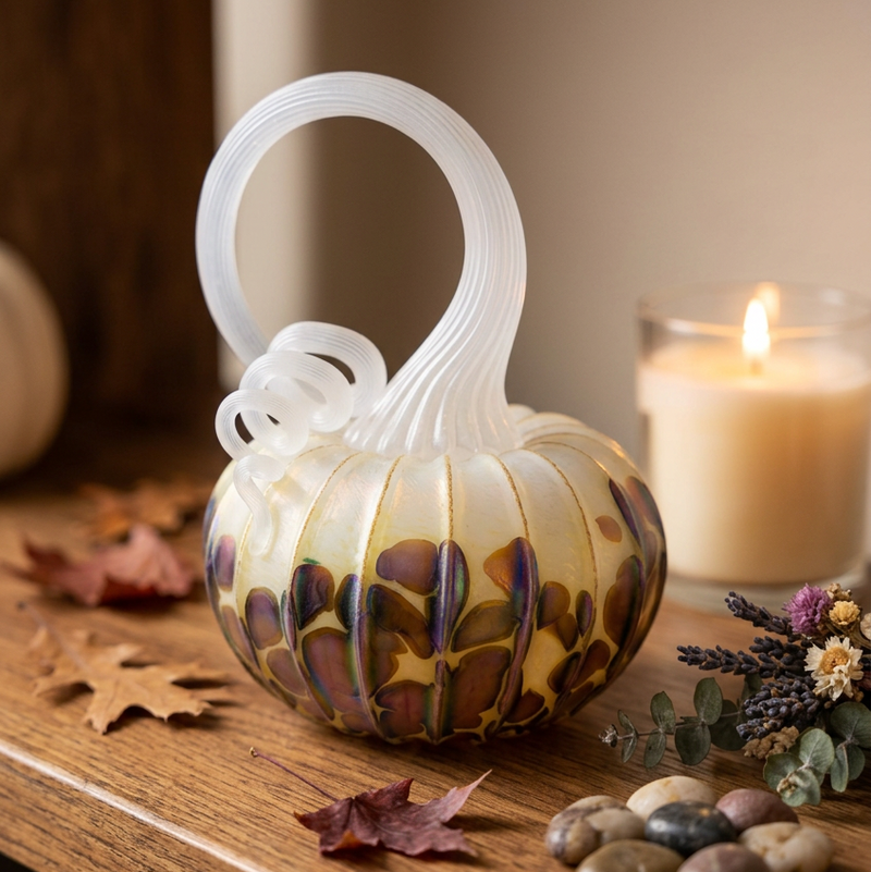 Jack Pine Blown Glass Pumpkin, White Stem