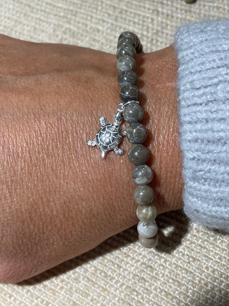 Petoskey Stone Beaded Bracelet with Sterling Silver Turtle Charm