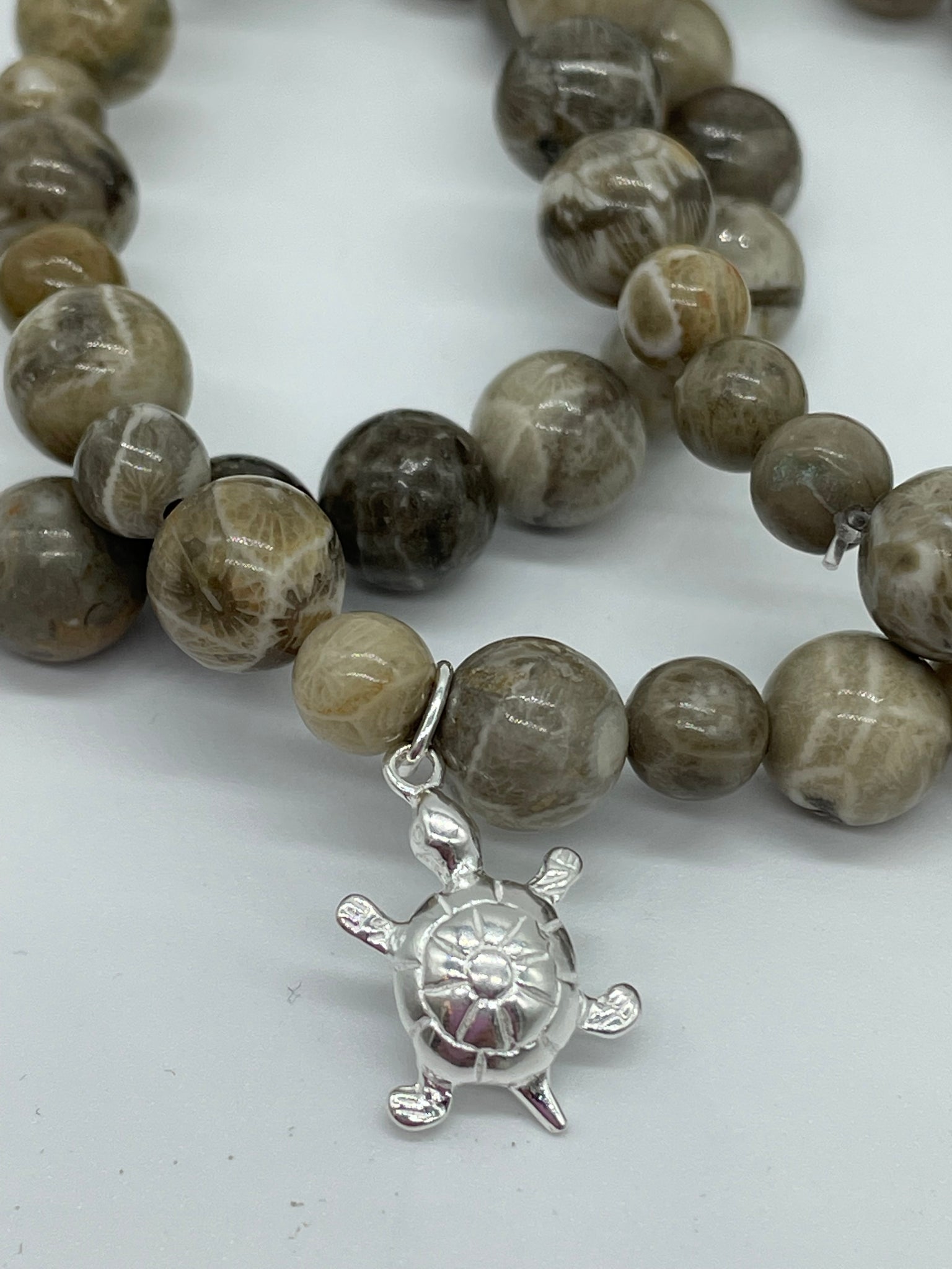 Petoskey Stone Beaded Bracelet with Sterling Silver Turtle Charm