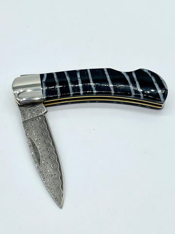 Damascus Steel Mammoth Tooth Pocket Knife (Double Sided)