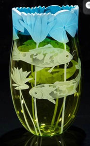 Koi Engraved Blown Art Glass Vase